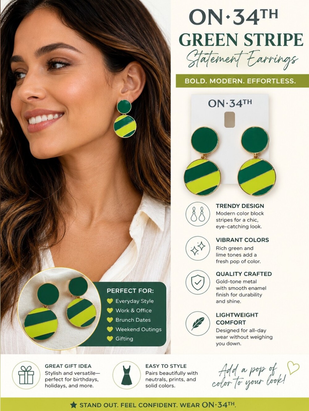 ON·34TH Green and Lime Stripe Drop Earrings